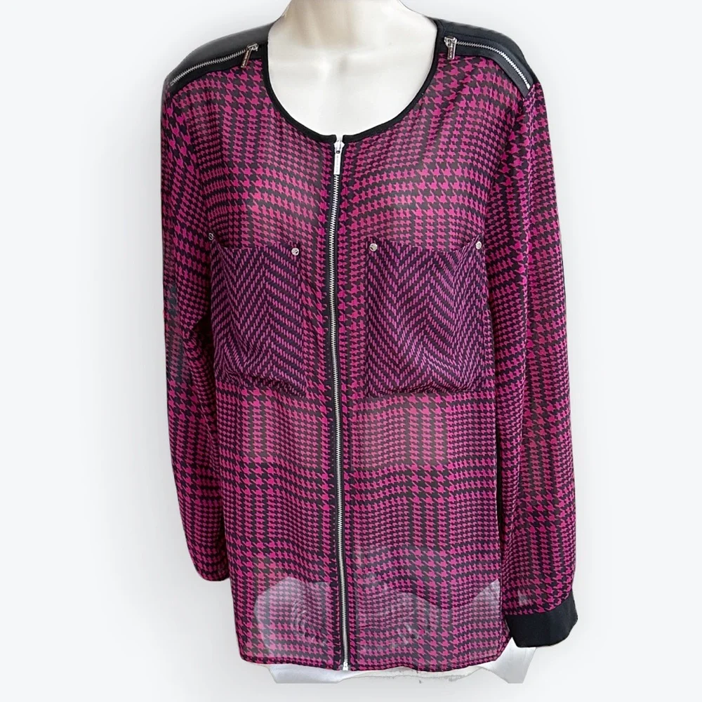 Sultry Edgy Artsy Dark Academia Sheer Houndstooth Raspberry & Black Blouse ~ L